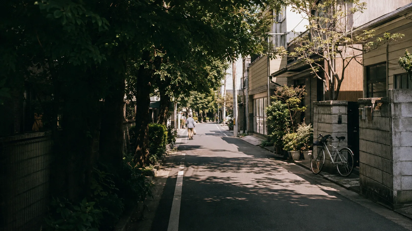 木漏れ日が差す静かな住宅街を歩く人と一台の自転車