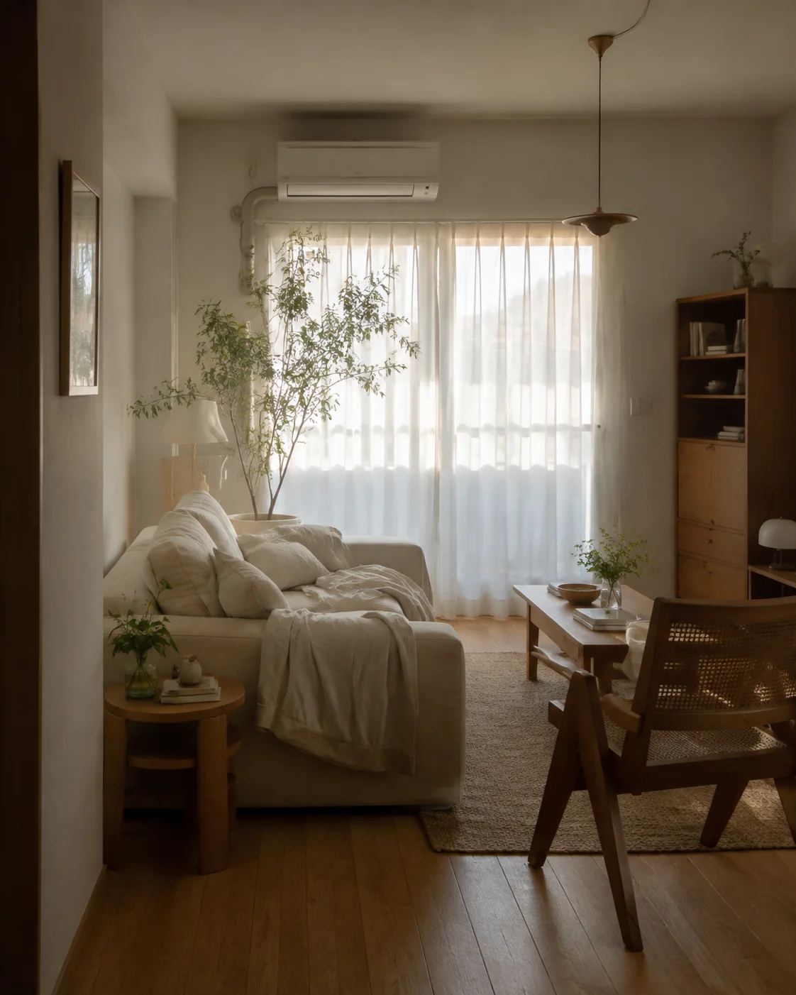 朝の自然光が入る、木の家具と植物のあるマンションのリビング